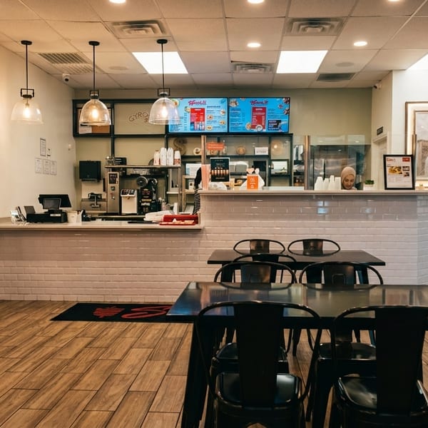 Interior of a modern fast-casual restaurant with tables, chairs, and a service counter with menu boards.
